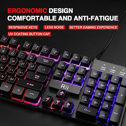 Rii RK100+ Multiple Color Rainbow LED Backlit Large Size USB Wired Mechanical Feeling Multimedia PC Gaming Keyboard,Office Keyboard for Working or Primer Gaming,Office Device