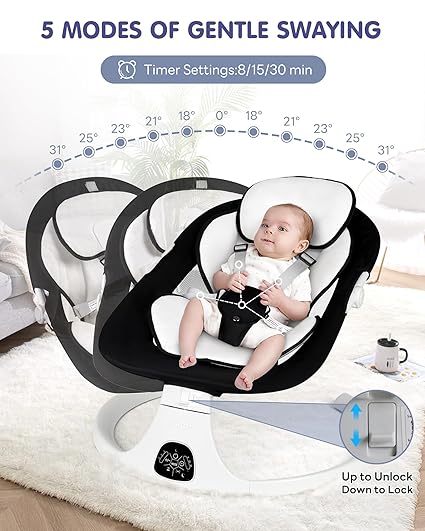 Electric Baby Swings for Infants to Toddler Baby Swing with 5-Speed 3-Seat Positions 5-Point Carabiner,with Bluetooth Music 10-Preset Melodies