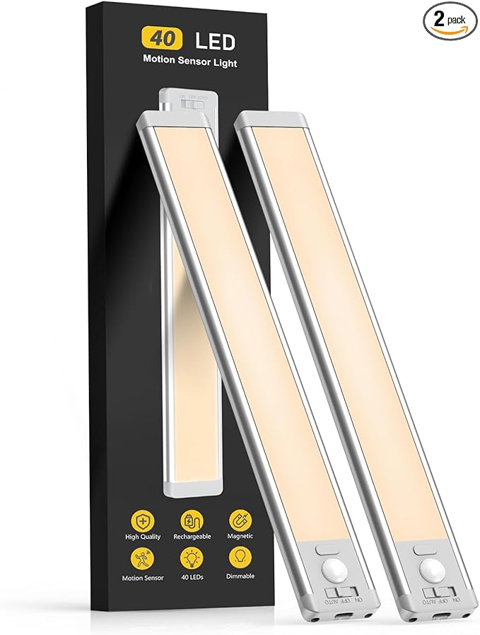 Under Cabinet Lights, 40 LED Rechargeable Battery Operated Motion Sensor Light Indoor, 2 Pack Magnetic Dimmable Closet Lights, Wireless Under Counter Lights for Kitchen, Stairs
