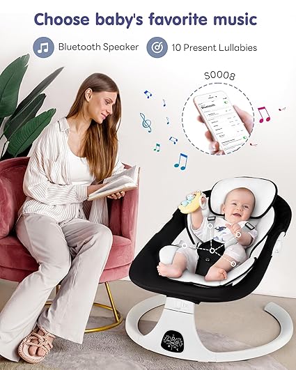 Electric Baby Swings for Infants to Toddler Baby Swing with 5-Speed 3-Seat Positions 5-Point Carabiner,with Bluetooth Music 10-Preset Melodies